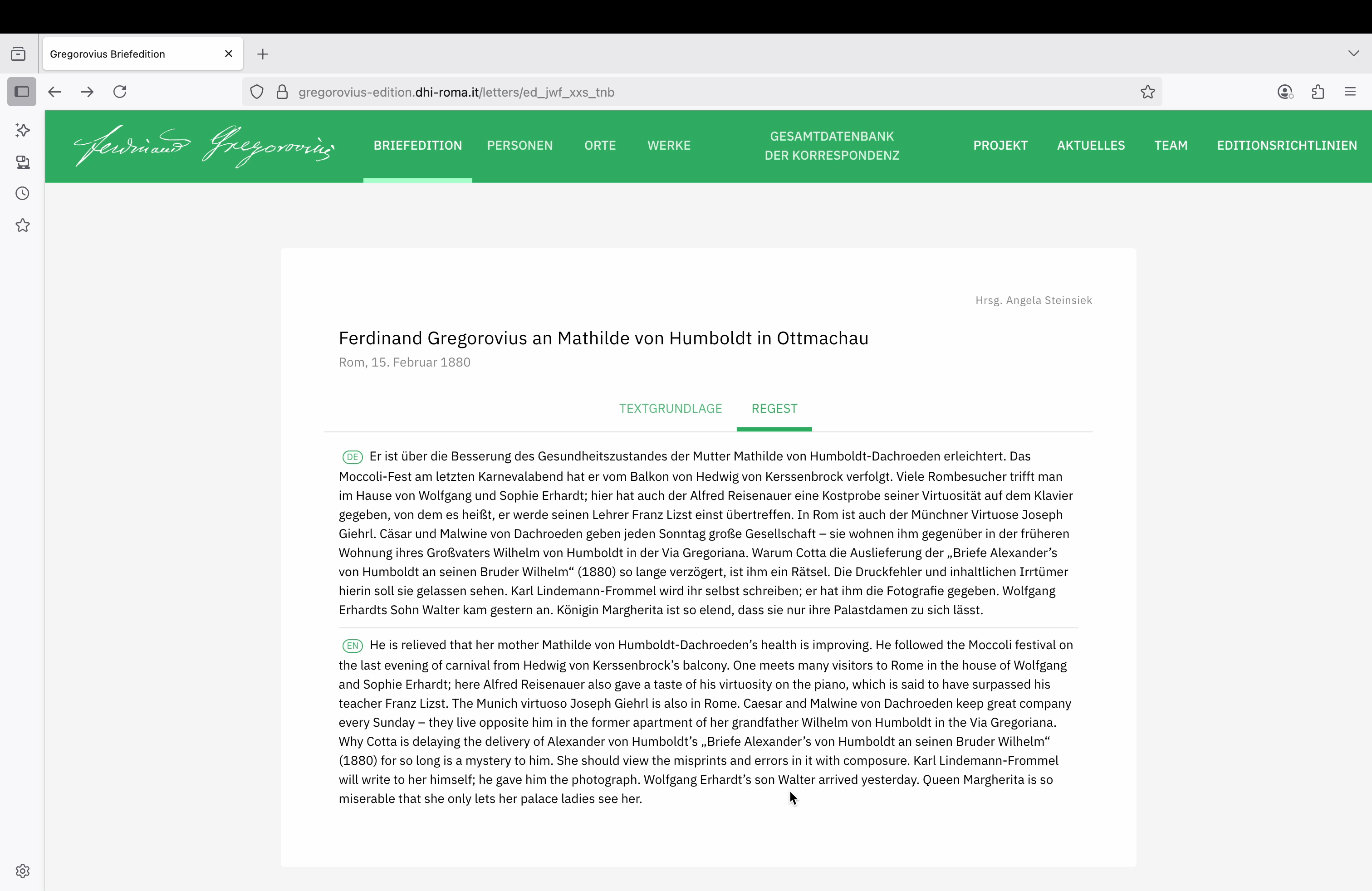 Screencast showing the letter Ferdinand Gregorovius an Mathilde von Humboldt in Ottmachau in the Gregorovius Letter Edition, including its connection to Franz Liszt’s GND identifier