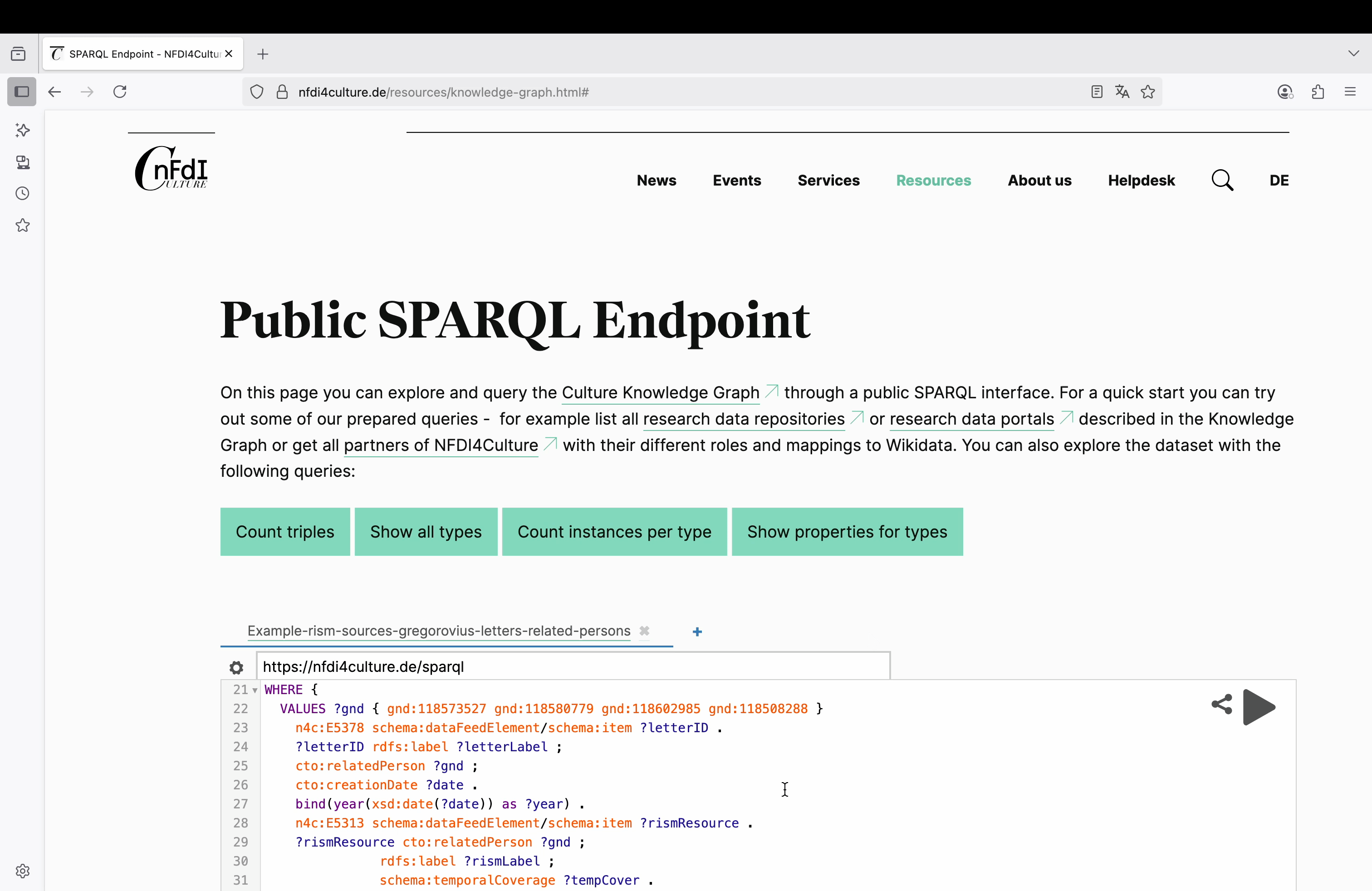 Screencast showing example interconnections between RISM Online and the Gregorovius Letter Edition in the NFDI4Culture Knowledge Graph