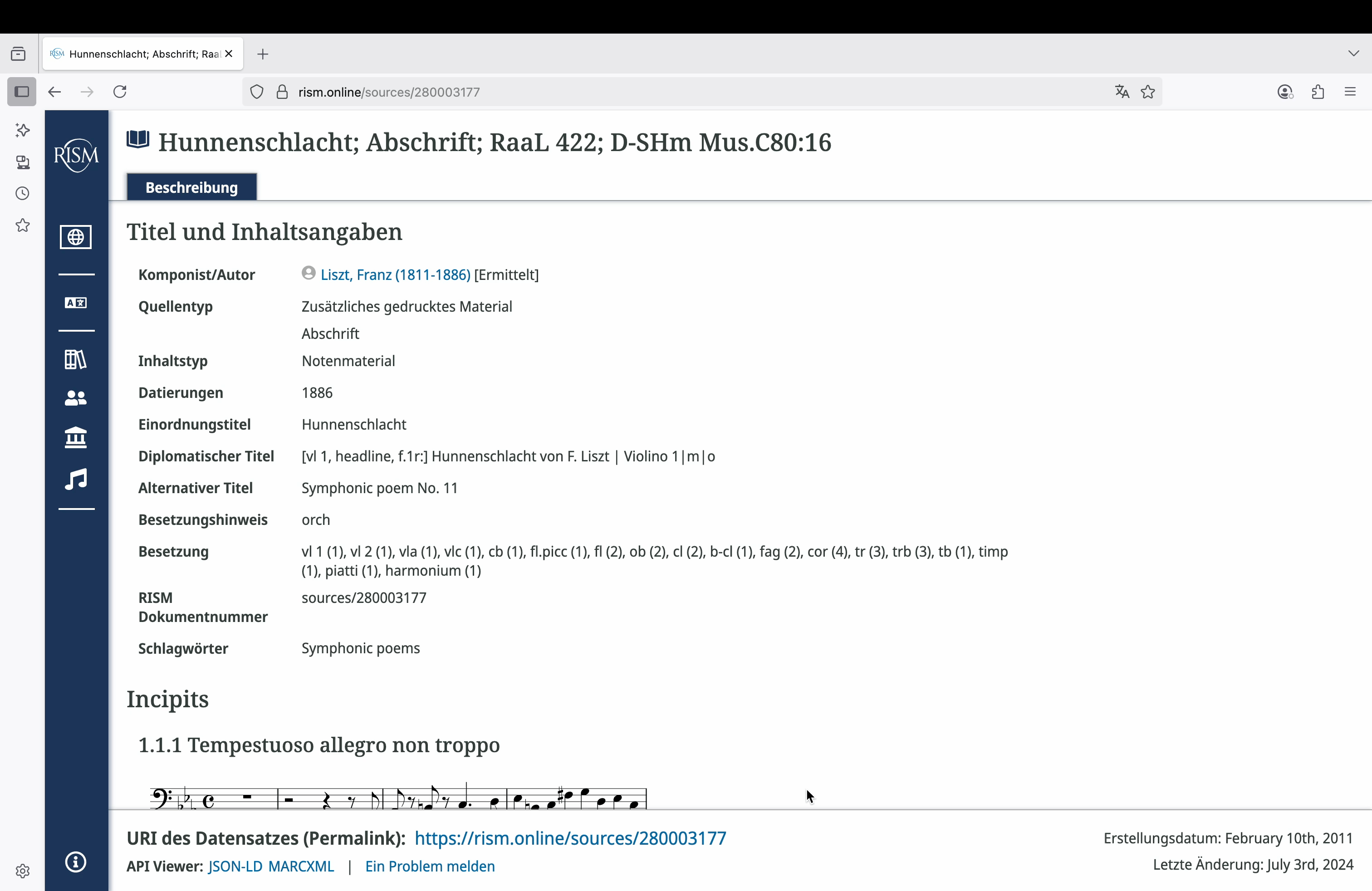 Screencast showing the Hunnenschlacht; Manuscript copy; RaaL 422; D-SHm Mus.C80:16 in RISM Online and its connection to Franz Liszt’s GND identifier