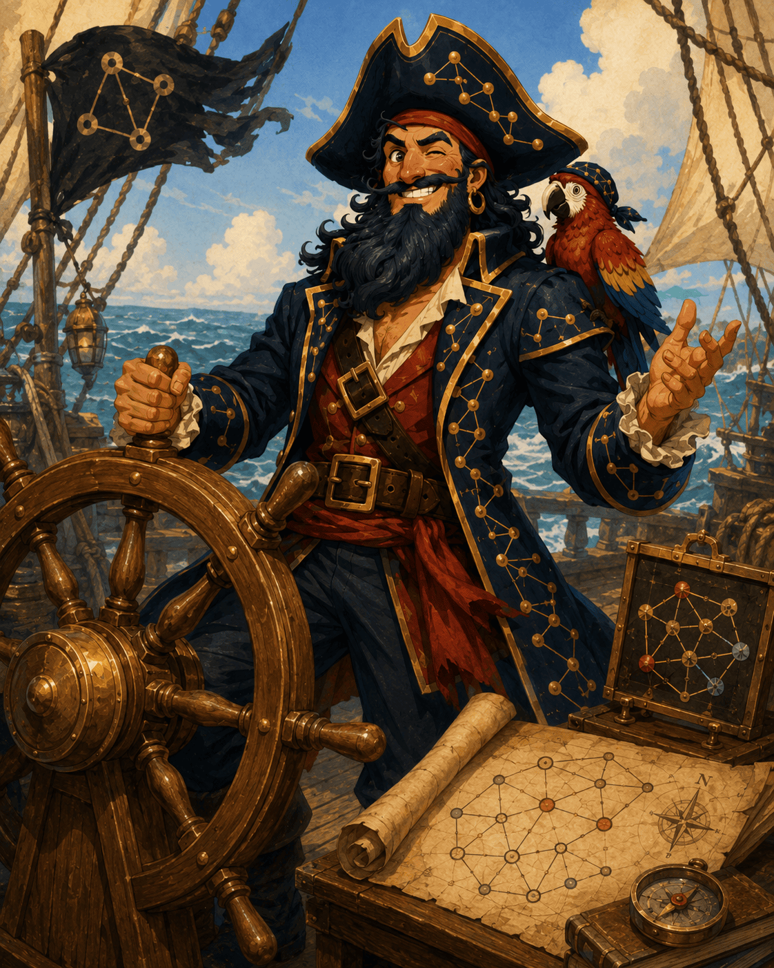 An image displaying a pirate with his parrot on a ship